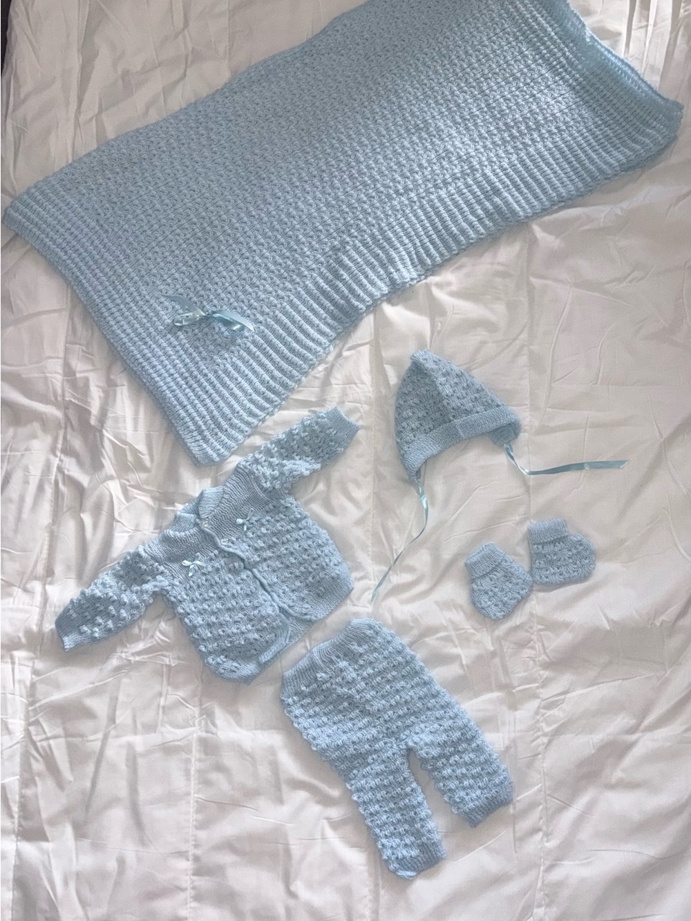 Baby knit set handmade cardigan, pants, mittens, bonnet with matching blanket.